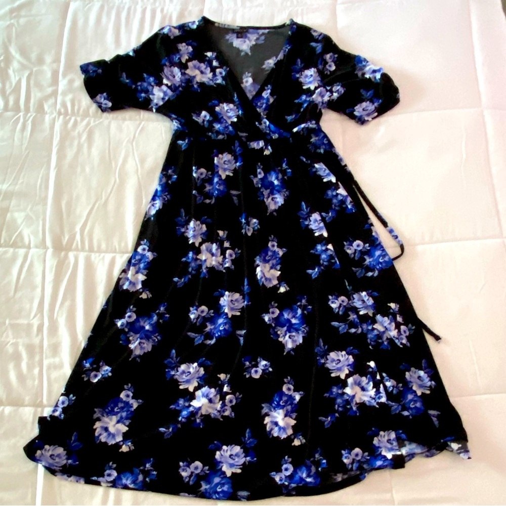 Black dress with blue flowers